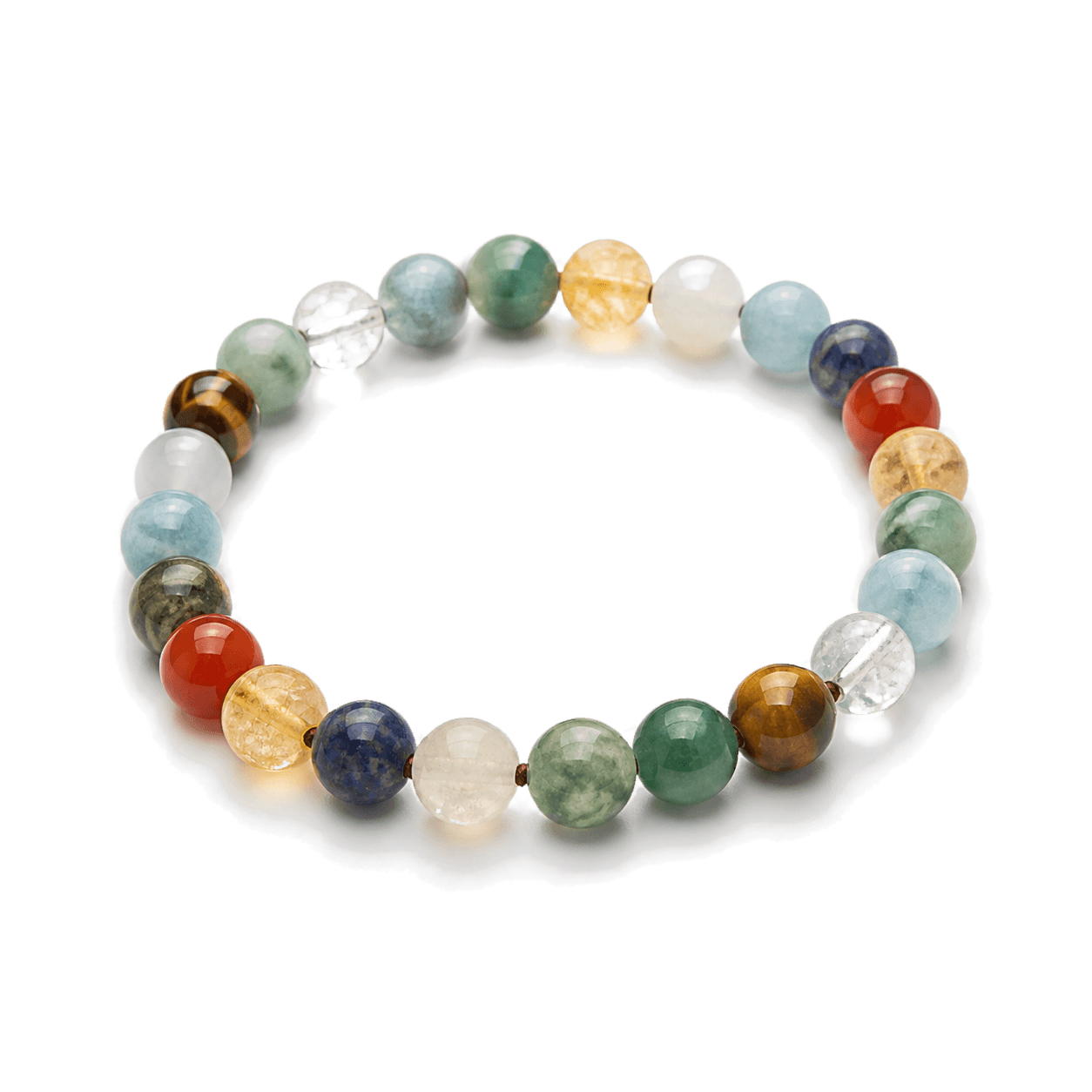 A custom five-element crystal bracelet with polished natural stone beads.