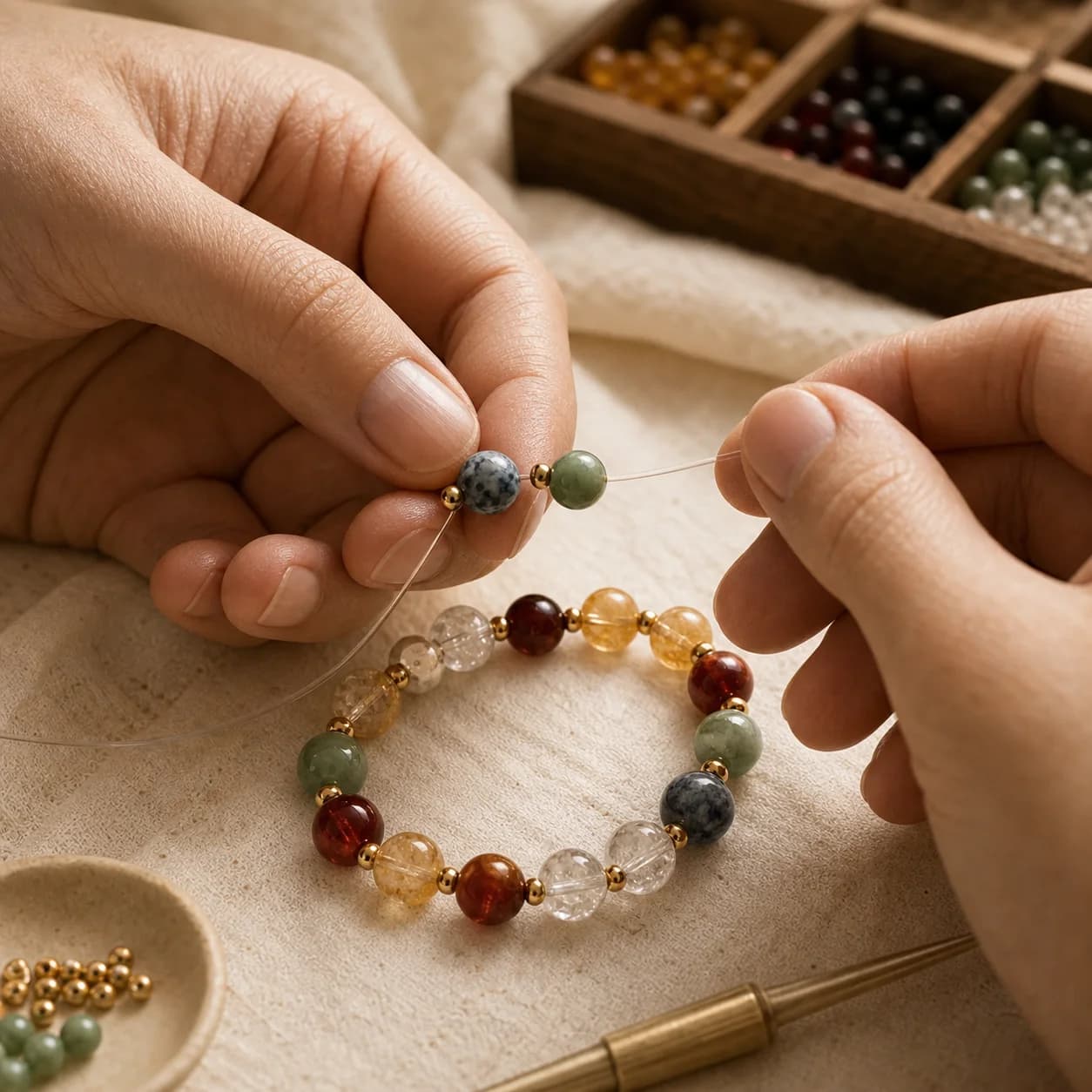 An artisan hand-stringing a natural gemstone bracelet