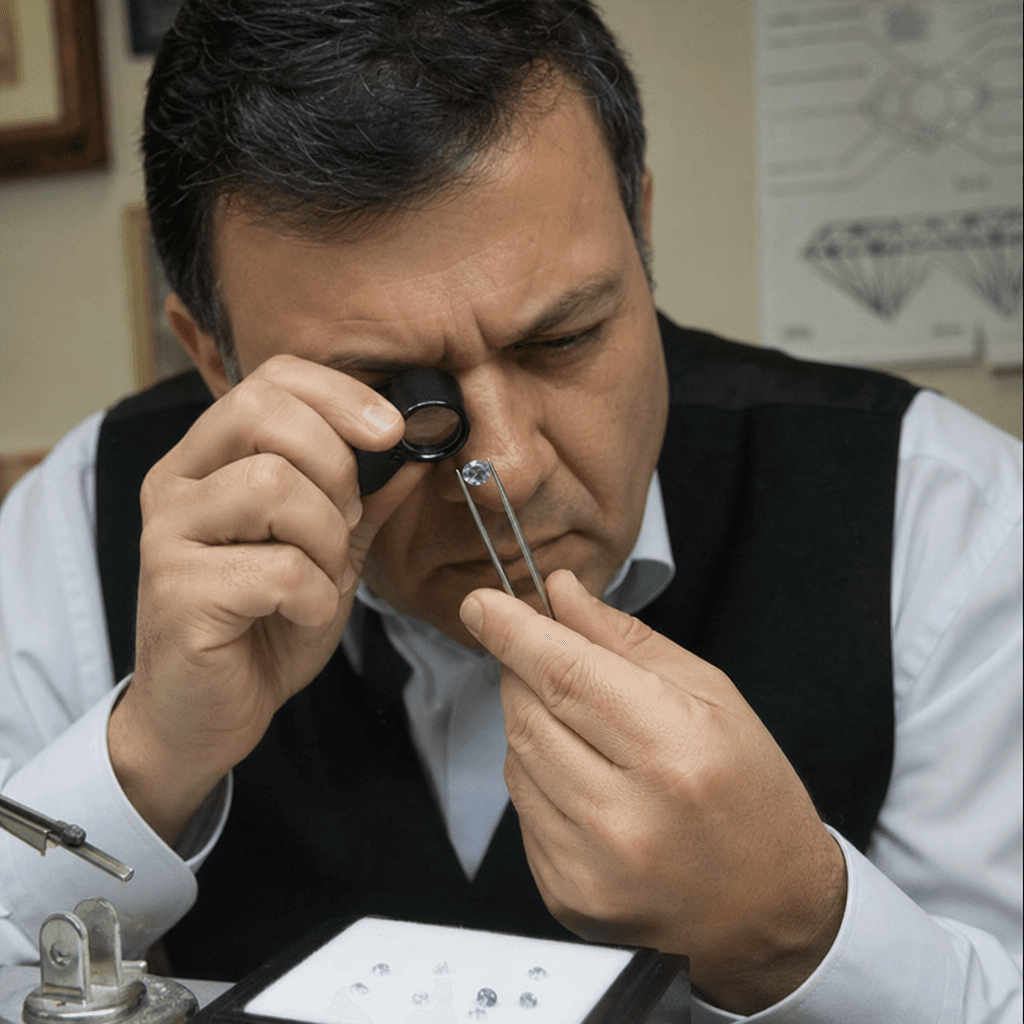A jeweler inspecting a gemstone under a magnifying loupe