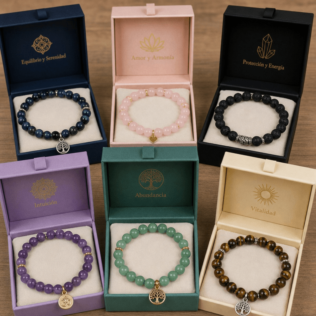 Variedad de pulseras de piedras naturales en cajas de regalo elegantes