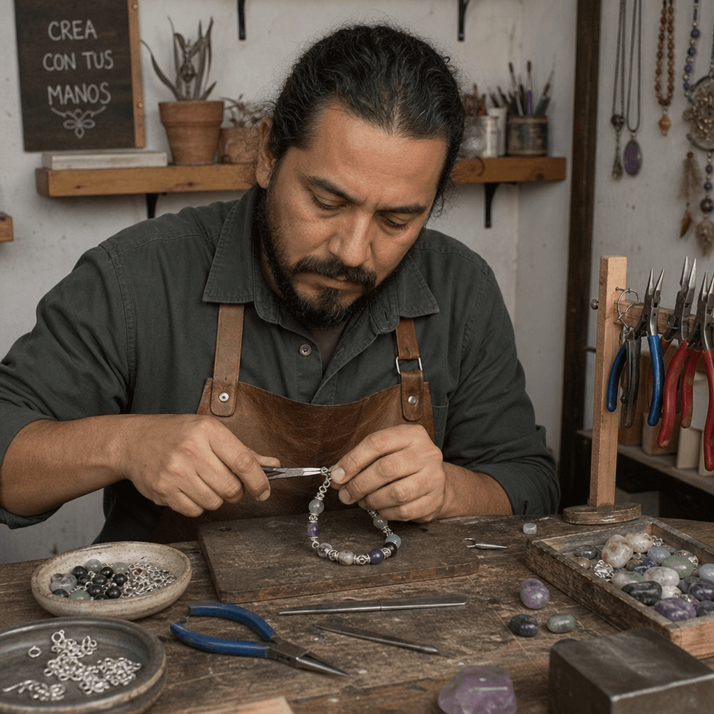 Artesano trabajando en su taller creando una pulsera con piedras semipreciosas y plata