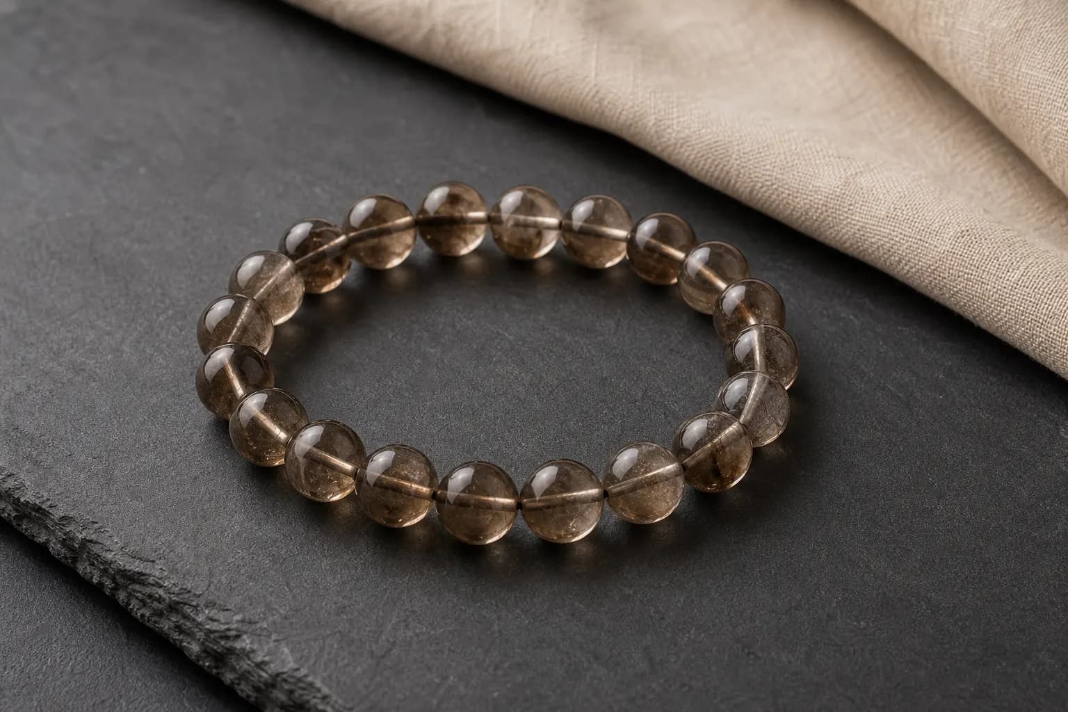 Smoky quartz bead bracelet on charcoal stone beside natural linen